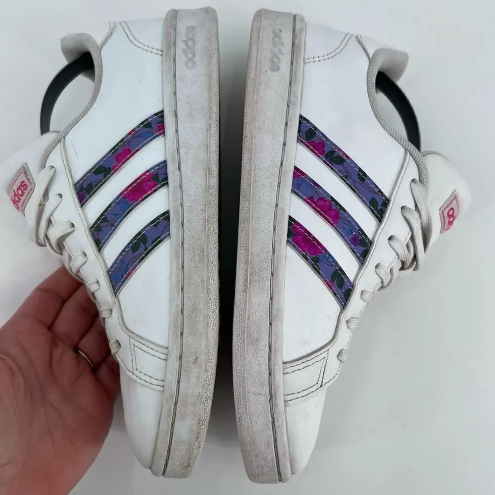 Adidas Grand Court Sneakers Womens 6.5‎ White Floral Print Low Top Tennis Shoes